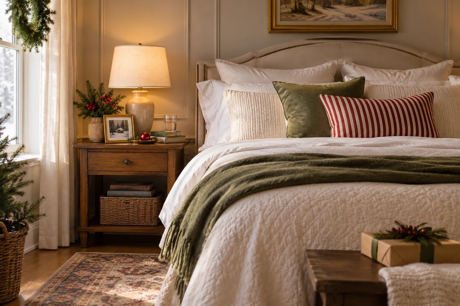 Cozy Christmas Bedroom Decor with Soft, Simple Layers — editorial illustration