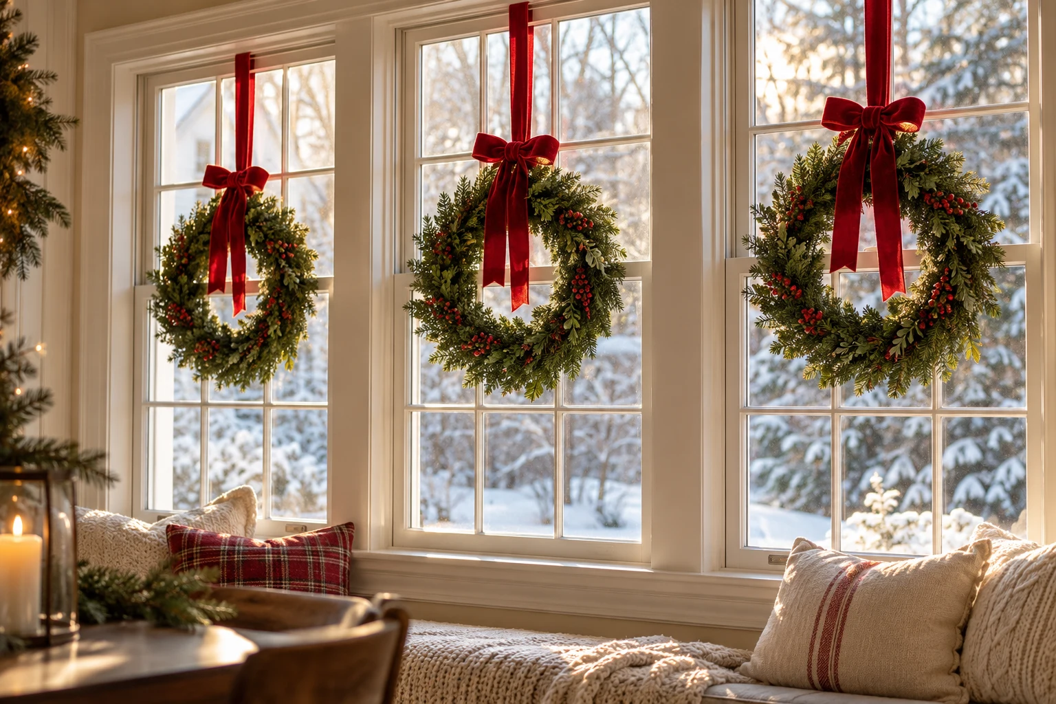 Simple Christmas Window Decor with Wreaths and Ribbon — editorial illustration