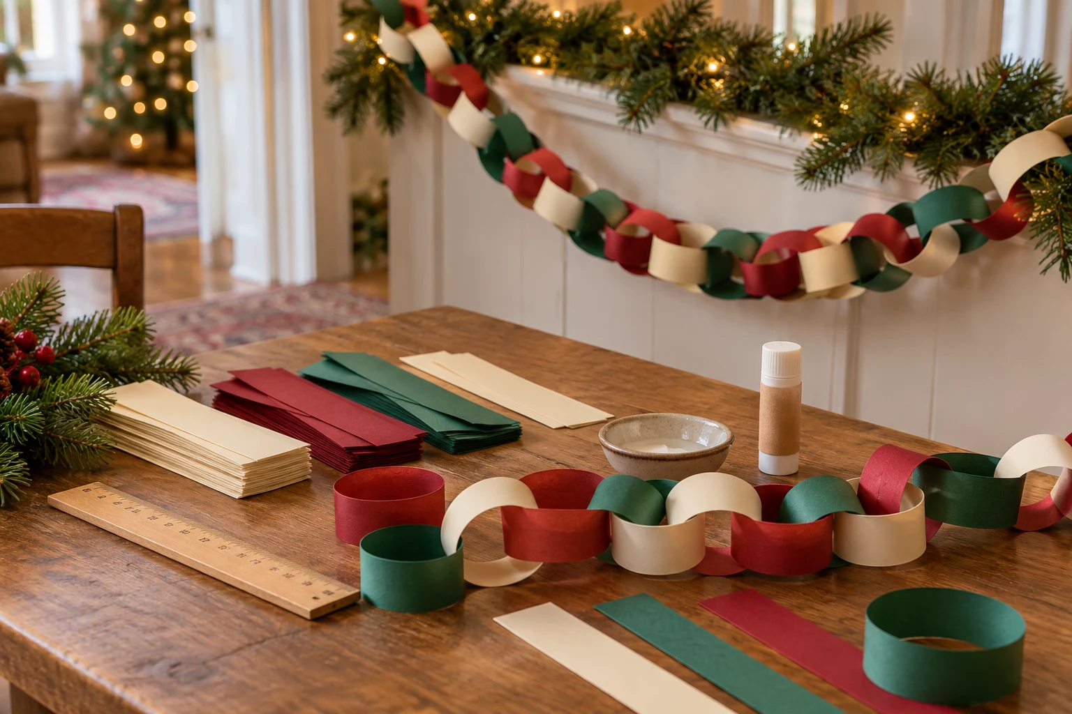 A Classic Paper Chain Christmas Garland in Warm Holiday Colors — editorial illustration