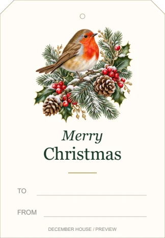 Winter robin watercolor-style gift tag with Merry Christmas greeting and blank To and From lines