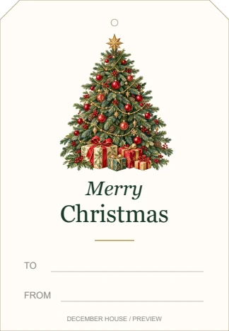 Christmas tree watercolor-style gift tag with Merry Christmas greeting and blank To and From lines